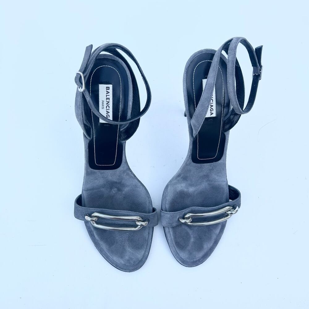 Balenciaga Maillon Suede Ankle Strap Heels Gray Grey Silver 41 Pumps 11 - Picture 7 of 11